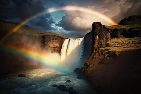 rainbow over a waterfall, with the sun setting in the background, created with generative aiの素材
