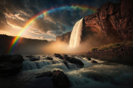 rainbow over a waterfall, with the sun setting in the background, created with generative aiの素材