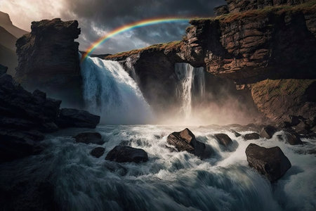 a waterfall rushing over the rocks, with a beautiful rainbow in the background, created with generative aiの素材