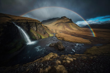 a rainbow over a waterfall in a rugged and remote landscape, created with generative aiの素材