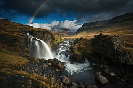 a rainbow over a waterfall in a rugged and remote landscape, created with generative aiの素材