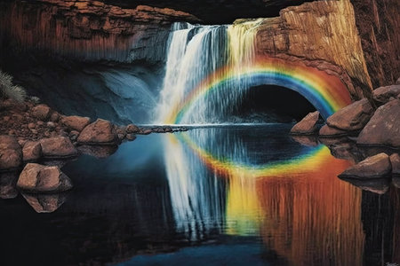 a rainbow reflected in the water of a graceful waterfall, created with generative aiの素材