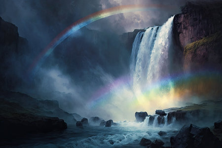 a rainbow arcing over a waterfall, with mist and rain adding to the scene, created with generative aiの素材