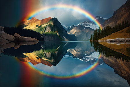 rainbow reflected in the tranquil waters of a mountain lake, created with generative aiの素材