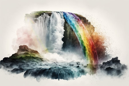 rainbow, cascading over a waterfall, with mist and droplets of water in the air, created with generative aiの素材