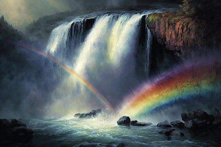 rainbow, cascading over a waterfall, with mist and droplets of water in the air, created with generative aiの素材