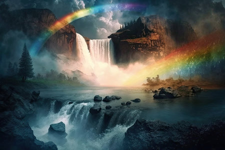 a rainbow shining over a cascading waterfall, with mist rising off the water, created with generative aiの素材