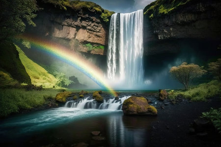 majestic waterfall, with rainbow and clear stream of water, surrounded by lush greenery, created with generative aiの素材