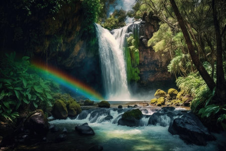 majestic waterfall, with rainbow and clear stream of water, surrounded by lush greenery, created with generative aiの素材