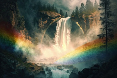 rainbow over waterfall surrounded by mist, with view of the forest in the background, created with generative aiの素材