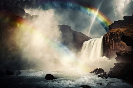 rainbow in misty waterfall, with sun shining through the clouds, created with generative aiの素材
