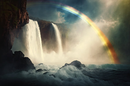 rainbow in misty waterfall, with sun shining through the clouds, created with generative aiの素材