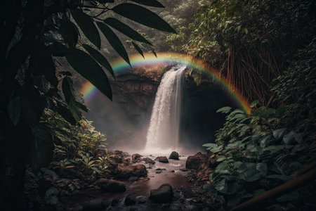 peaceful moment with rainbow over waterfall, surrounded by lush greenery, created with generative aiの素材