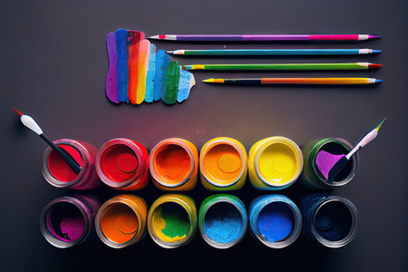 a rainbow-themed art project, with paint and brushes arranged in neat rows., created with generative aiの素材