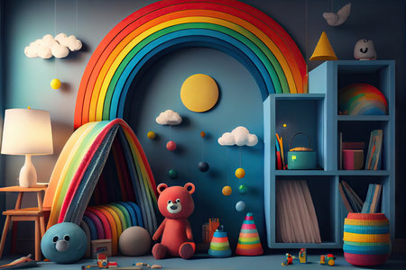a rainbow-painted room filled with toys and books, perfect for a childs bedroom., created with generative aiの素材