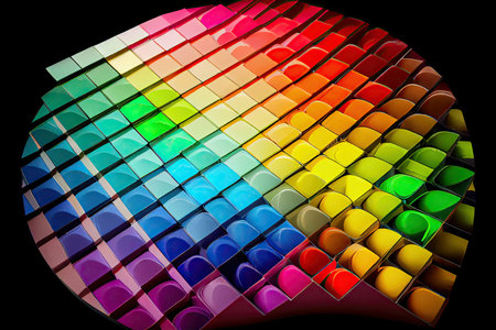 a rainbow-colored paint palette, with different shades of the color spectrum displayed in neat rows., created with generative aiの素材