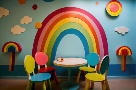 a rainbow-painted wall at a childrens playroom, with kid-sized chairs and tables for tea parties., created with generative aiの素材
