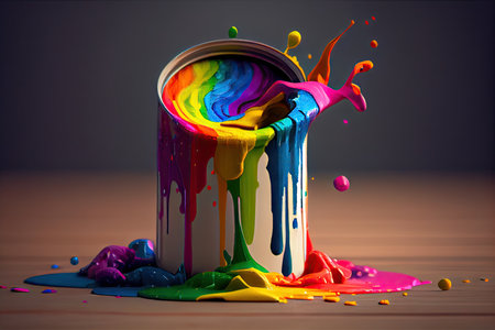 a can of rainbow paint sitting on a table with several different colors spilling out., created with generative aiの素材