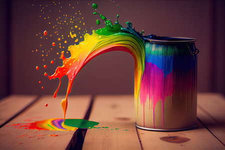 a can of rainbow paint sitting on a table with several different colors spilling out., created with generative aiの素材