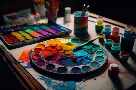 a rainbow paint palette in a vibrant art studio, with artists mixing and blending different colors., created with generative aiの素材