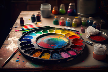 a rainbow paint palette in a vibrant art studio, with artists mixing and blending different colors., created with generative aiの素材