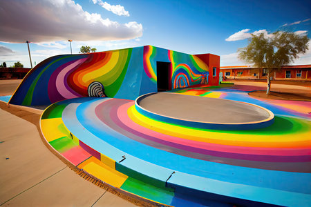 a rainbow-painted skate park with colorful graffiti art and ramps., created with generative aiの素材