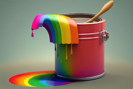 a rainbow paint can with a brush in the top, ready for creative painting., created with generative aiの素材