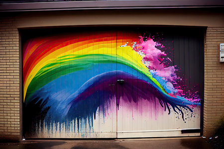 a rainbow paint splatter effect on a garage door., created with generative aiの素材