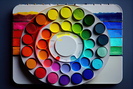 a rainbow-colored paint palette with different shades of each color, ready to be applied to a wall., created with generative aiの素材