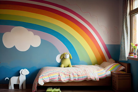 a rainbow painted wall with a fun patterned border, perfect for kids bedrooms., created with generative aiの素材