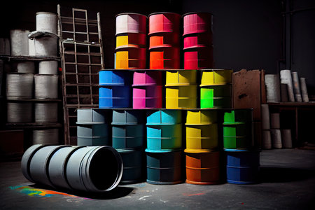 a rainbow of paint cans, stacked neatly in a workshop., created with generative aiの素材