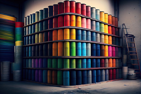 a rainbow of paint cans, stacked neatly in a workshop., created with generative aiの素材