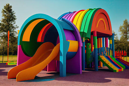 a rainbow painted playground with slides, swings, and other fun features for kids., created with generative aiの素材