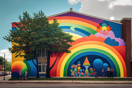 a rainbow-colored mural on the side of a building, with children playing in the park nearby., created with generative aiの素材