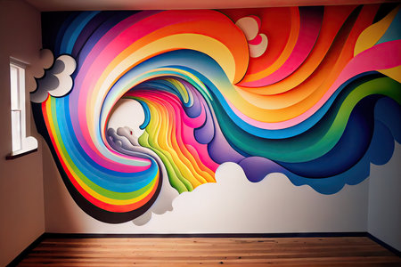 a rainbow-colored mural on a blank wall, adding vibrancy and energy to the space., created with generative aiの素材