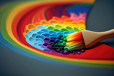 close-up of a paintbrush creating a beautiful rainbow mural., created with generative aiの素材