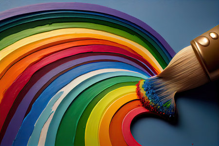 close-up of a paintbrush creating a beautiful rainbow mural., created with generative aiの素材