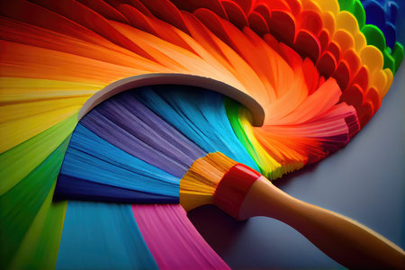 close-up of a paintbrush creating a beautiful rainbow mural., created with generative aiの素材