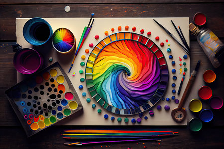 a rainbow-inspired design on a canvas, with paint brushes and art supplies arranged neatly in the background., created with generative aiの素材