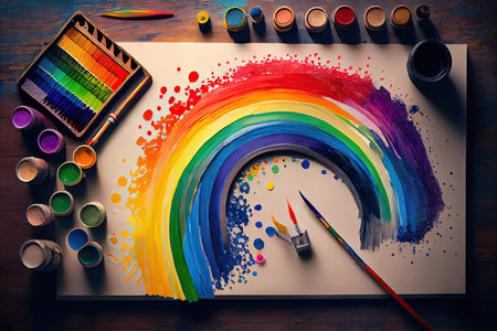 a rainbow-inspired design on a canvas, with paint brushes and art supplies arranged neatly in the background., created with generative aiの素材
