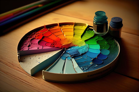 a rainbow paint palette with different shades of each color for creating unique works of art., created with generative aiの素材