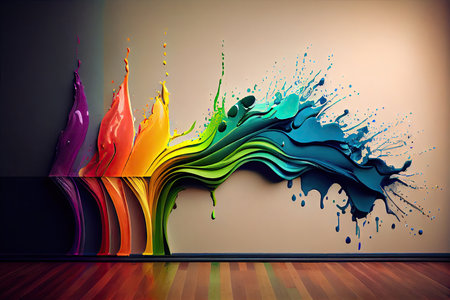a rainbow paint splash on a wall, with a variety of different colors in each shape., created with generative aiの素材