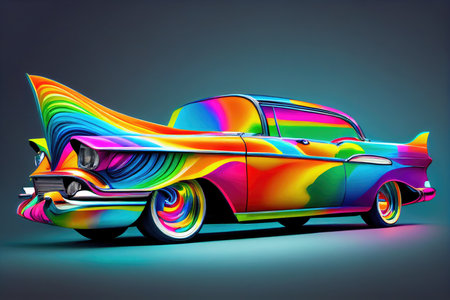 a rainbow paint job on a classic car, with bright colors and bold designs., created with generative aiの素材