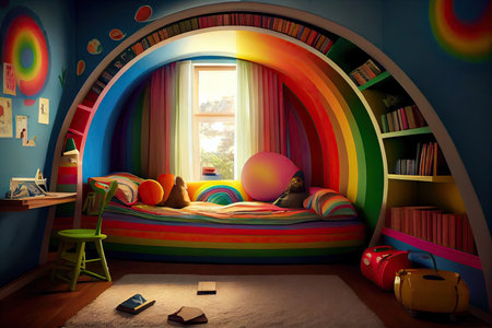 a rainbow-painted room with a cozy reading nook and shelves filled with childrens books., created with generative aiの素材