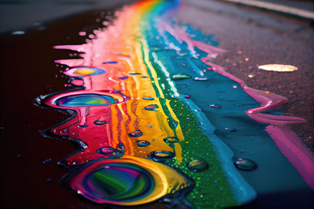 a close-up of rainbow paint on a wet street, with raindrops creating new patterns as they hit the surface., created with generative aiの素材
