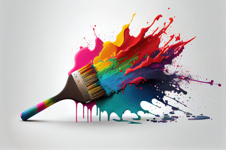 a rainbow-colored paintbrush on a white background, with splatter marks., created with generative aiの素材