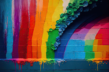 a close-up of a vibrant rainbow painted wall, with the different shades blending together beautifully., created with generative aiの素材