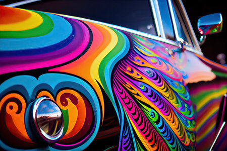 a close-up shot of a rainbow paint job on an old car, with vivid colors and intricate designs., created with generative aiの素材