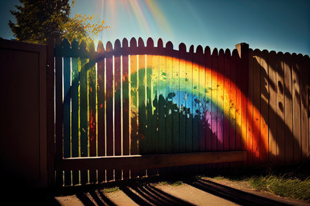 a rainbow painted on a fence, with the sun shining behind it, creating a dramatic effect., created with generative aiの素材