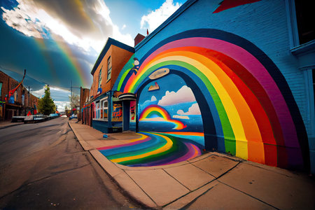 a rainbow-painted street with colorful murals and graffiti art., created with generative aiの素材